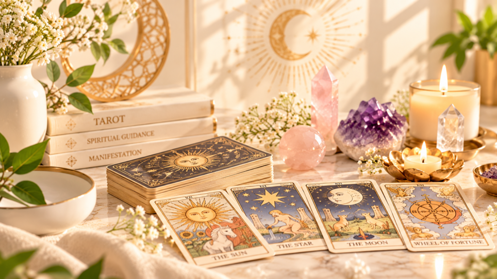 golden tarot still life with crystals and candles