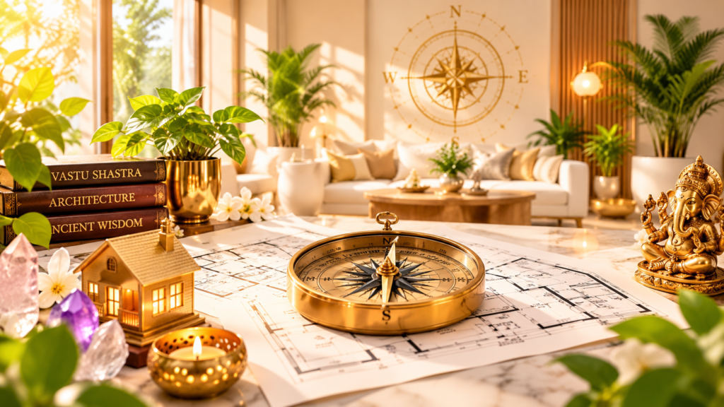 golden vastu compass on architectural blueprint
