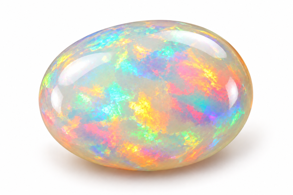 rainbow opal cabochon on white